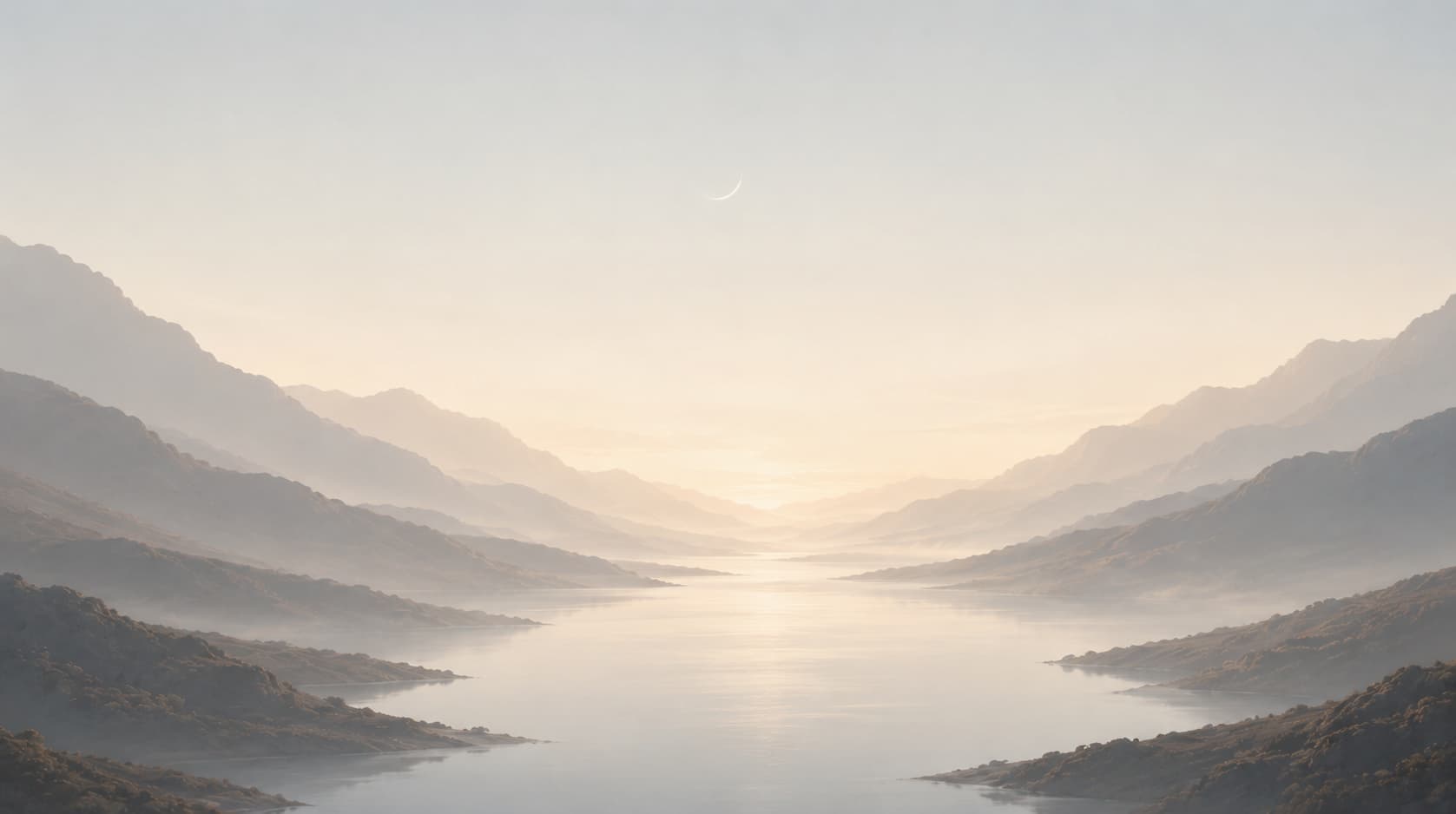 The valley at dawn, mist over the lake below the ridge