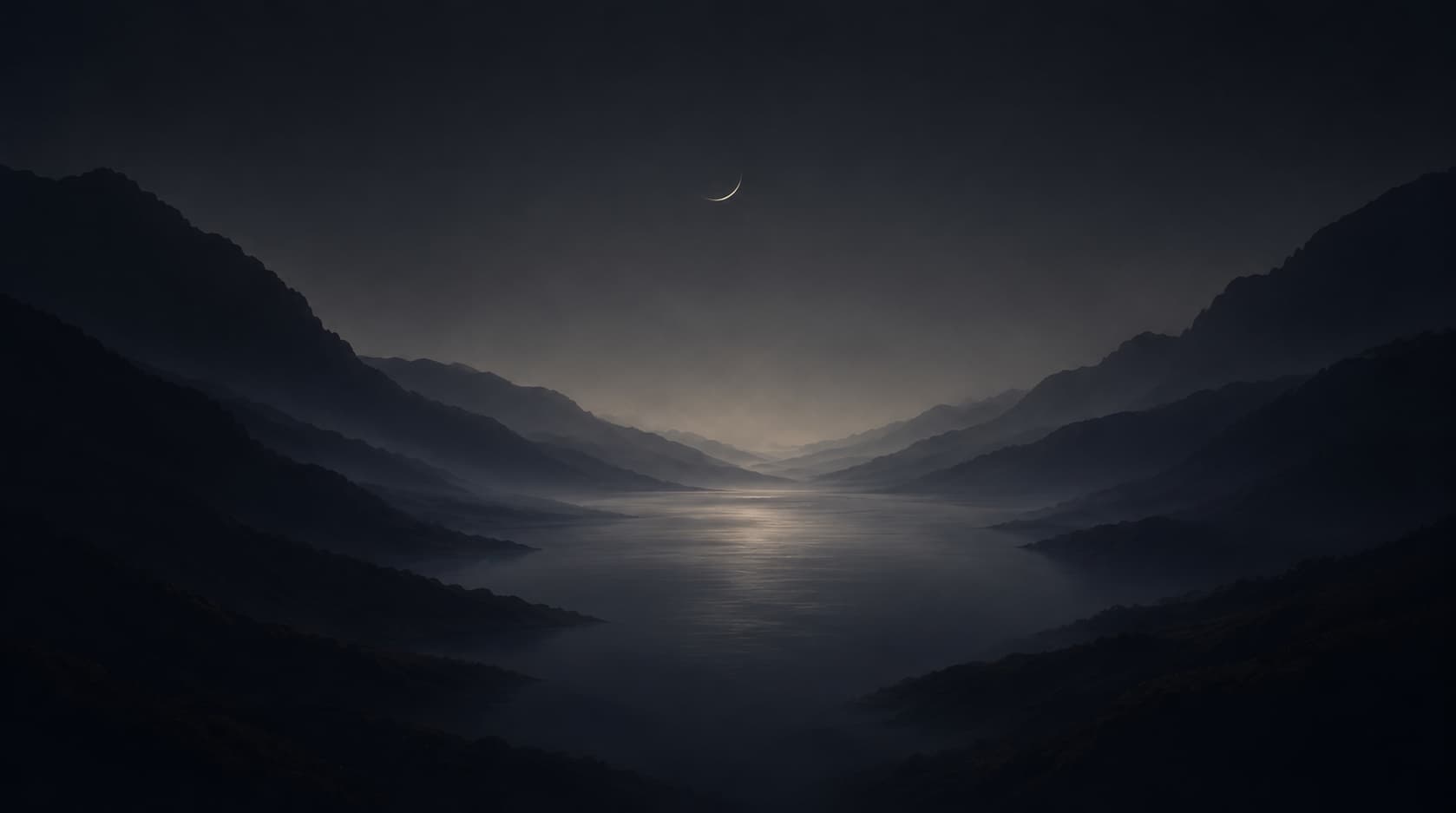 The same valley after dark, lit by a crescent moon
